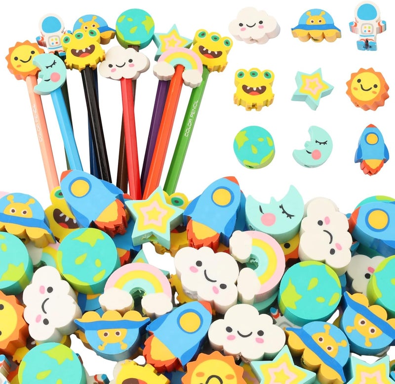 Wolpark 30 PCS Pencil Top Erasers for Kids Bulk Cute Space Rocket Earth Eraser Caps Alien Pencil Eraser Tops for Kids Erasers Toppers for School Party Favors Back to School Supplies - Image 1